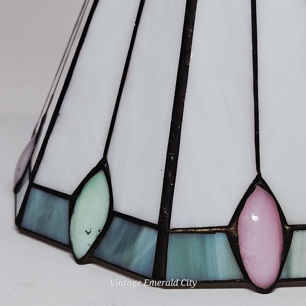 Vtg Antique Tiffany-style Stained Glass Lamp Shade Brass-White Teal Pink Mexico - Picture 11 of 12
